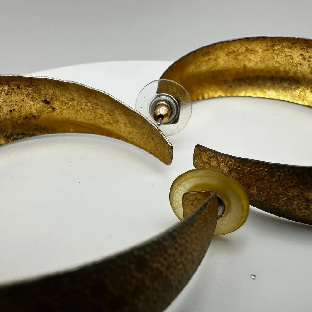 Vintage 80s Gold‎ Tone Textured Hoop Earrings Statement Boho Women's Jewelry Y2K